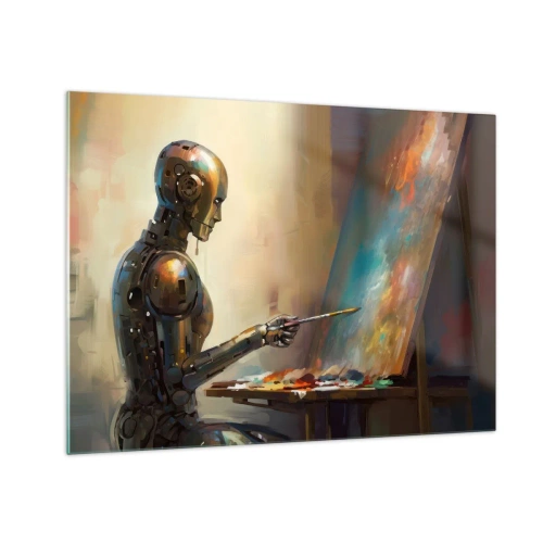 Tablou pe sticlă - Un robot pictează un tablou la un șevalet - 70x50cm - Arta viitorului - Decorațiune modernă pentru perete pentru living și dormitor ARTTOR
