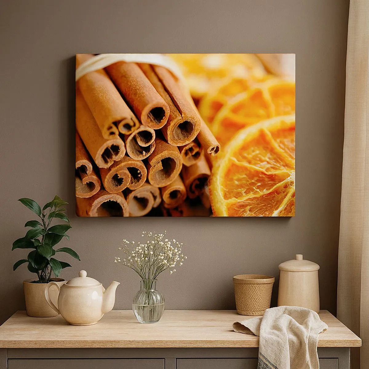Tablou pe pânză Canvas - Bețișoare de scorțișoară cu felii de portocală uscate în culori calde - 70x50cm - Poți să le simți aroma? - Decorațiune modernă pentru perete pentru living și dormitor ARTTOR