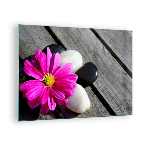 Tablou pe sticlă - Floare roz cu pietre pe un fundal de lemn - 70x50cm - Odihnă pe dig - Decorațiune modernă pentru perete pentru living și dormitor ARTTOR