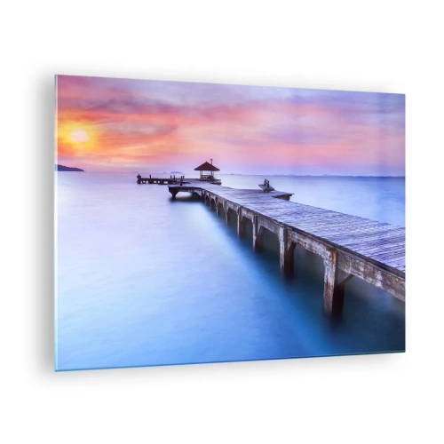 Tablou pe sticlă - Dig de lemn la răsăritul soarelui pe apă calmă - 70x50cm - Mare de liniște până la orizont - Decorațiune modernă pentru perete pentru living și dormitor ARTTOR