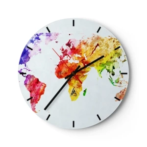 Ceas de perete - Ceas pe sticlă - Hartă a lumii în acuarelă în culori vii - 30x30cm - Toate culorile lumii - Decorațiune modernă pentru perete pentru living, bucătărie și dormitor ARTTOR