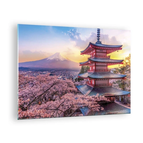 Tablou pe sticlă - O pagodă într-un peisaj japonez cu vedere la Muntele Fuji și copaci înfloriți - 70x50cm - Esența spiritului japonez - Decorațiune modernă pentru perete pentru living și dormitor ARTTOR