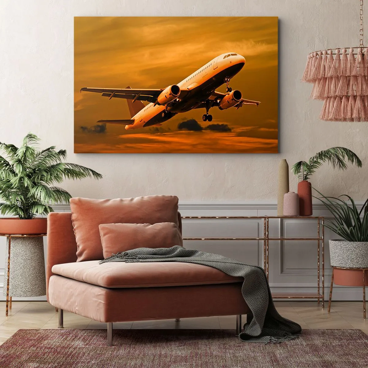 Tablou pe pânză Canvas - Un avion de pasageri decolează pe un cer auriu al apusului. - 70x50cm - Zbor spre soare - Decorațiune modernă pentru perete pentru living și dormitor ARTTOR