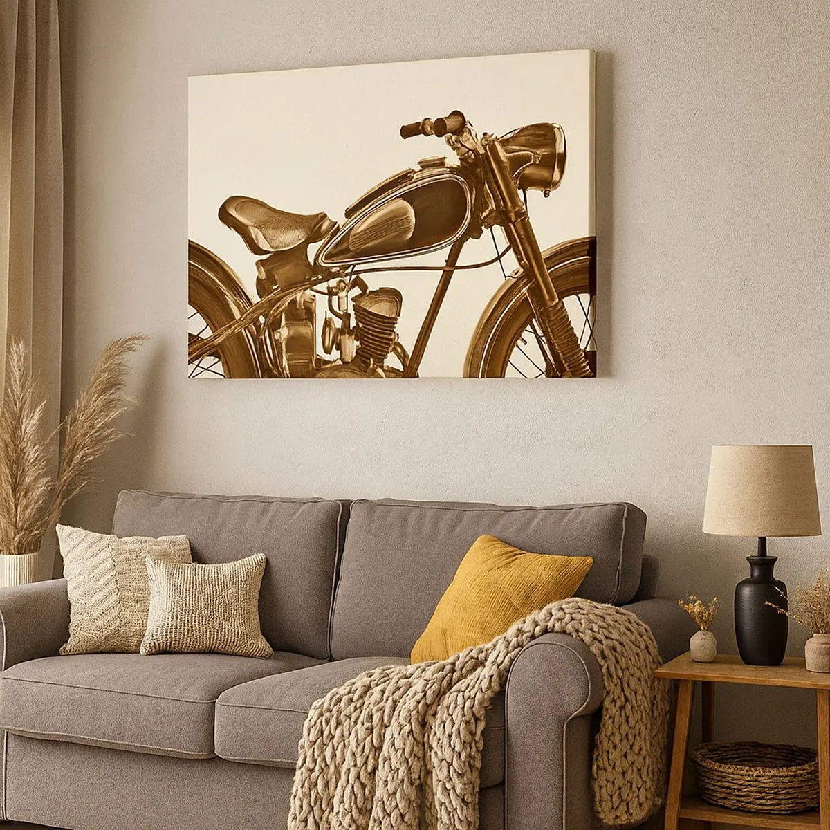 Tablou pe pânză Canvas - O motocicletă retro de epocă pe un fundal deschis - 70x50cm - Dorul de clasici - Decorațiune modernă pentru perete pentru living și dormitor ARTTOR