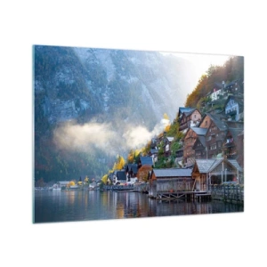 Tablou pe sticlă - O dimineață de toamnă într-un oraș de munte lângă un lac - 70x50cm - Atmosferă alpină - Decorațiune modernă pentru perete pentru living și dormitor ARTTOR