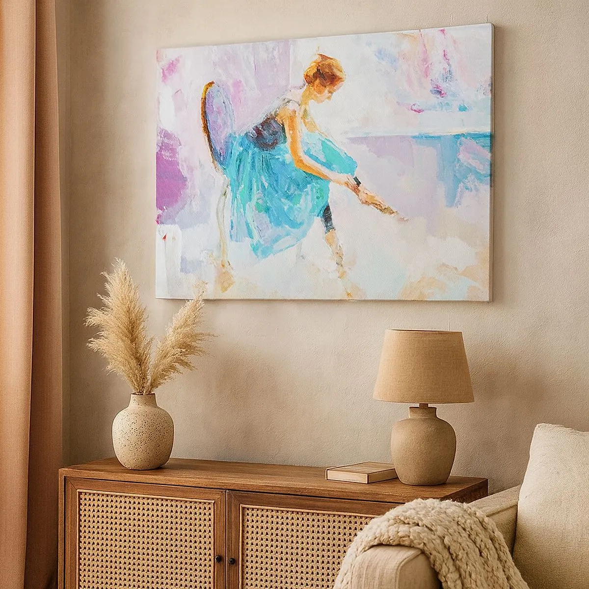 Tablou pe pânză Canvas - O balerină se pregătește să danseze în nuanțe pastelate. - 70x50cm - Grație inefabilă, farmec subtil - Decorațiune modernă pentru perete pentru living și dormitor ARTTOR
