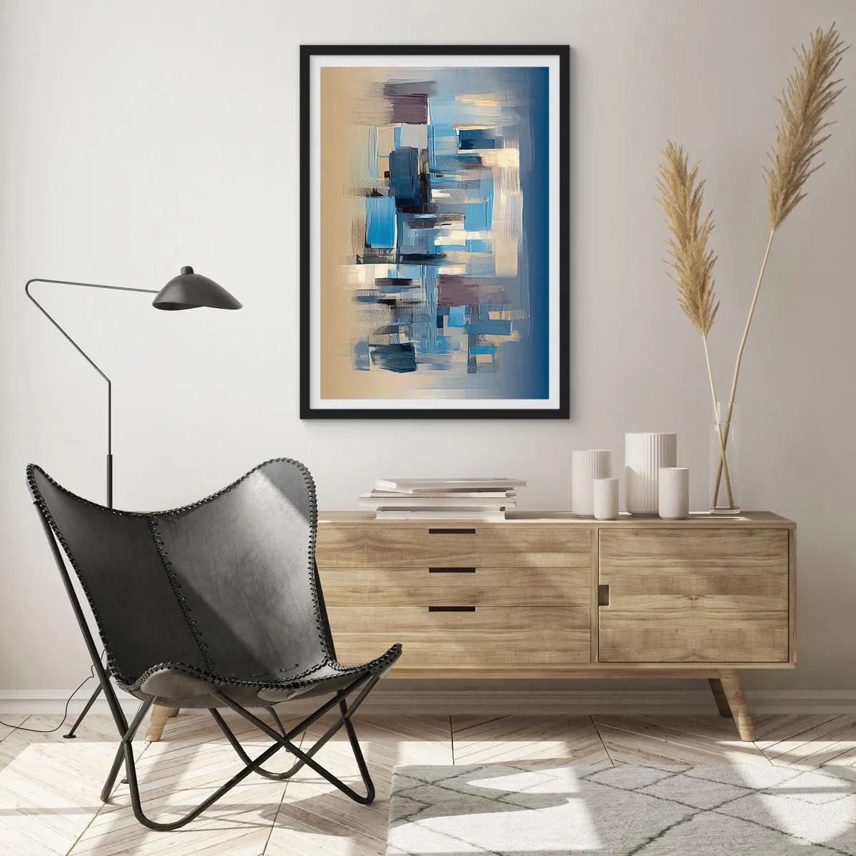 Poster în ramă neagră - Compoziție geometrică abstractă în nuanțe de albastru - 50x70cm - Construcție albastră - Decorațiune modernă pentru perete pentru living și dormitor ARTTOR