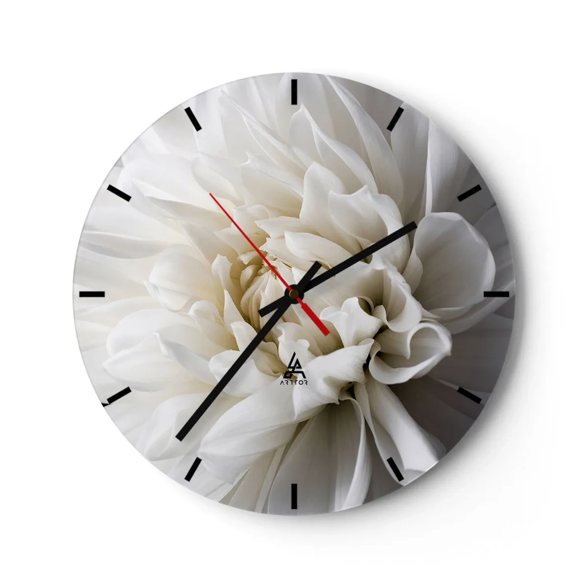 Ceas de perete - Ceas pe sticlă - O floare albă delicată cu un prim-plan al petalelor - 30x30cm - Dimineața miresei - Decorațiune modernă pentru perete pentru living, bucătărie și dormitor ARTTOR