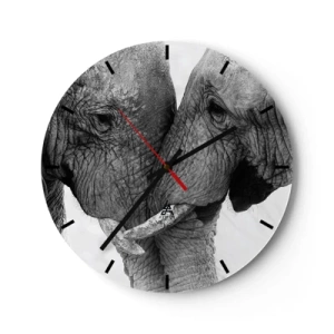 Ceas de perete - Ceas pe sticlă - Doi elefanți cu trompele împletite într-un gest tandru - 30x30cm - Mărturisire din inimă - Decorațiune modernă pentru perete pentru living, bucătărie și dormitor ARTTOR