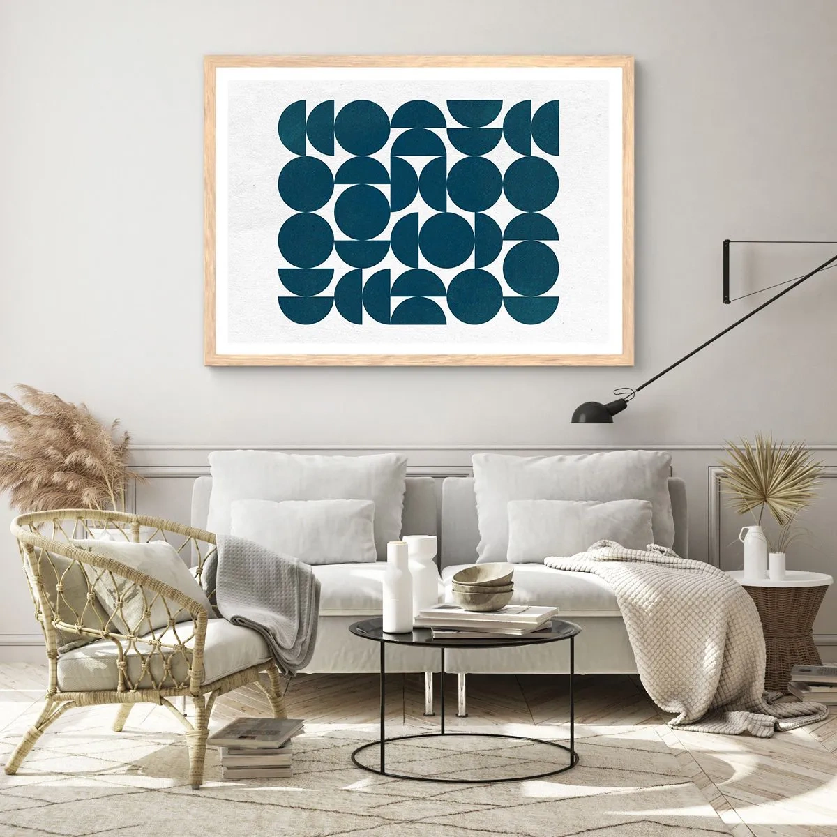 Poster în ramă de stejar deschis - Cercuri și semicercuri - 40x30 cm