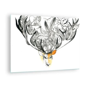 Tablou pe sticlă - Desen al unui cerb cu coarne elegante - 70x50cm - Coarne de abundență - Decorațiune modernă pentru perete pentru living și dormitor ARTTOR