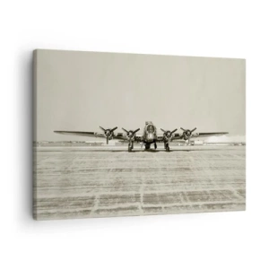 Tablou pe pânză Canvas - Avion istoric la aeroport în sepia - 70x50cm - Pregătit, ca întotdeauna - Decorațiune modernă pentru perete pentru living și dormitor ARTTOR