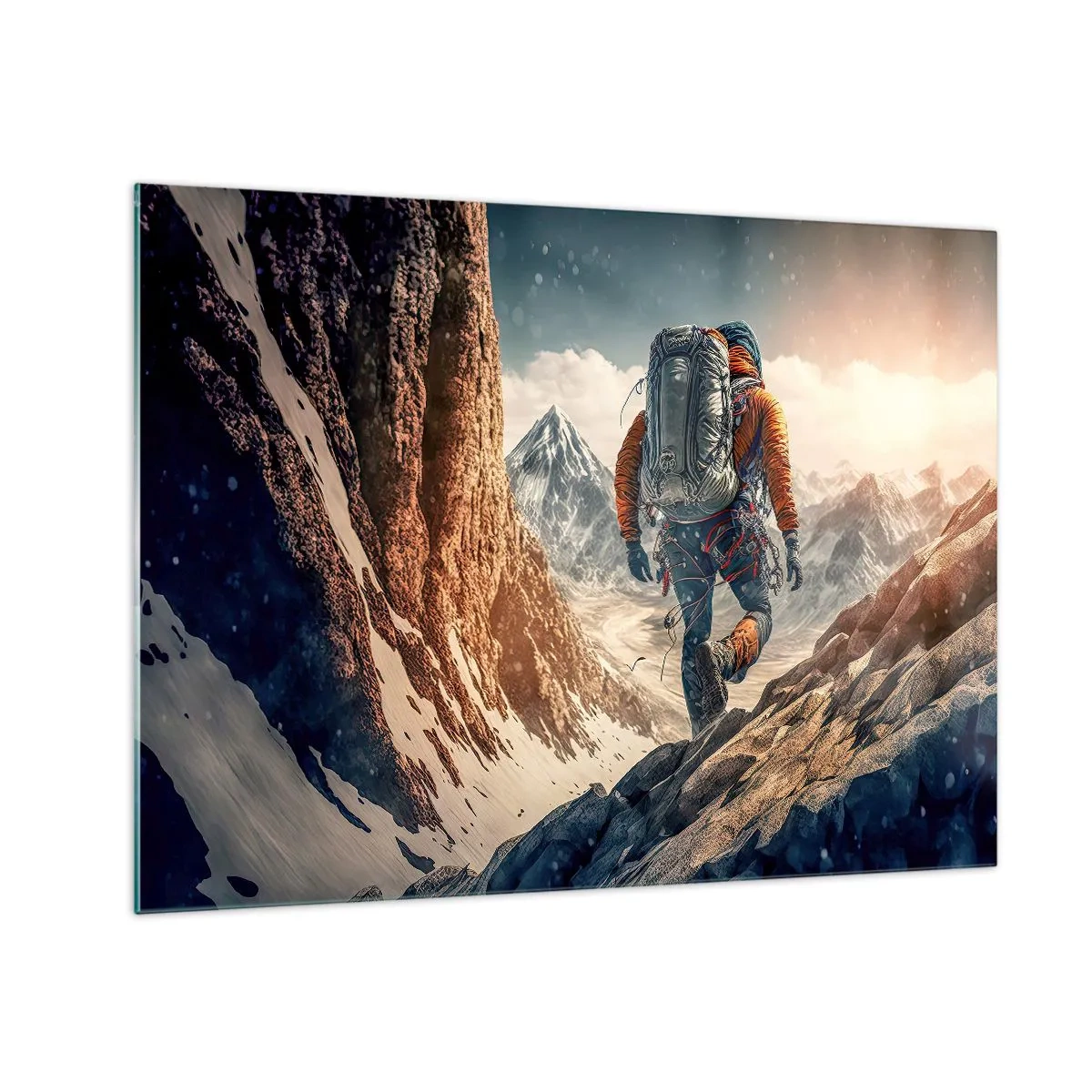 Tablou pe sticlă - Un excursionist care urcă pe un versant stâncos și acoperit de zăpadă - 70x50cm - Războinic singuratic - Decorațiune modernă pentru perete pentru living și dormitor ARTTOR