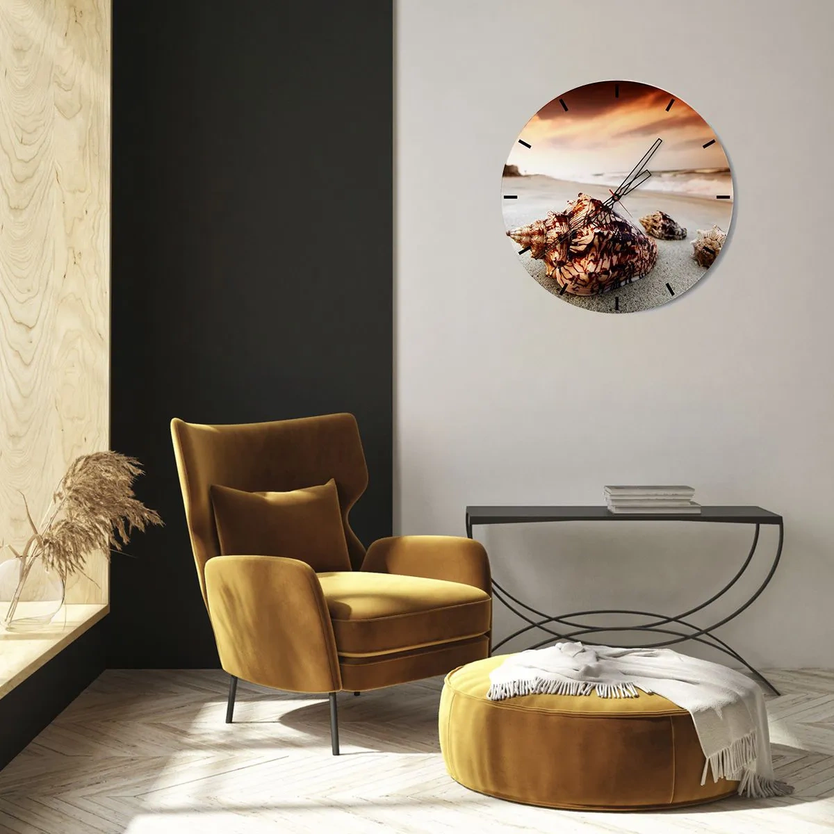 Ceas de perete - Ceas pe sticlă - Scoici pe plajă în razele soarelui care apune - 30x30cm - Exilate de valuri - Decorațiune modernă pentru perete pentru living, bucătărie și dormitor ARTTOR