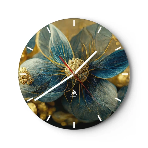 Ceas de perete - Ceas pe sticlă - O floare în culori aurii și albastre - 30x30cm - Floare cu aur - Decorațiune modernă pentru perete pentru living, bucătărie și dormitor ARTTOR