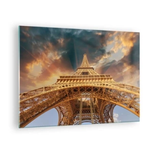Tablou pe sticlă - Turnul Eiffel surprins dintr-o perspectivă de sus - 70x50cm - Cum a ajuns omenirea la cer - Decorațiune modernă pentru perete pentru living și dormitor ARTTOR