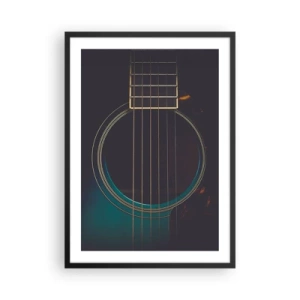 Poster în ramă neagră - Un prim-plan artistic al plăcii de rezonanță a unei chitare acustice. - 50x70cm - O clipă înainte de a suna - Decorațiune modernă pentru perete pentru living și dormitor ARTTOR