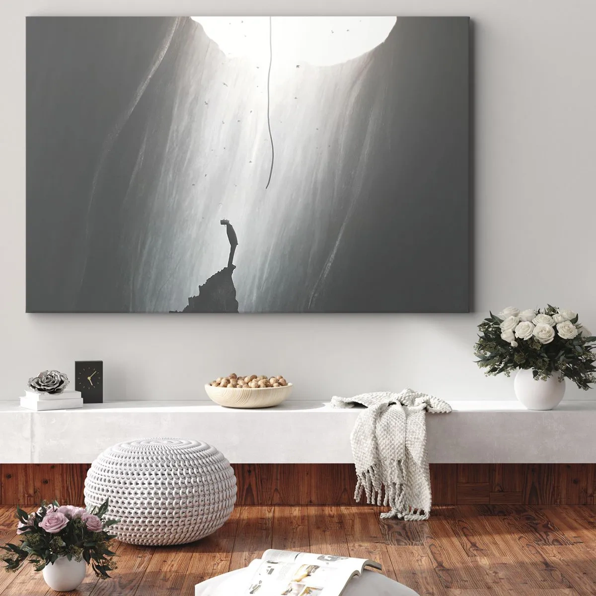 Tablou pe pânză Canvas - Silueta unui bărbat pe podeaua unei peșteri cu vedere la lumină - 70x50cm - Există întotdeauna o cale de ieșire - Decorațiune modernă pentru perete pentru living și dormitor ARTTOR