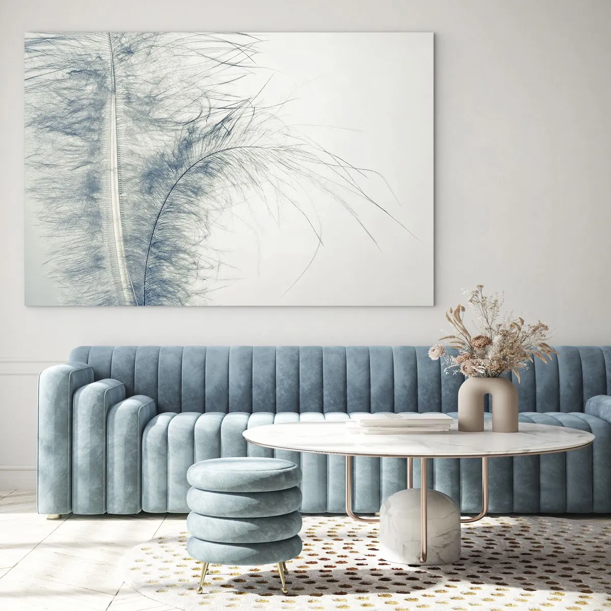 Tablou pe sticlă - O pană delicată pe un fundal deschis, într-un stil minimalist - 70x50cm - Șoapta naturii - Decorațiune modernă pentru perete pentru living și dormitor ARTTOR