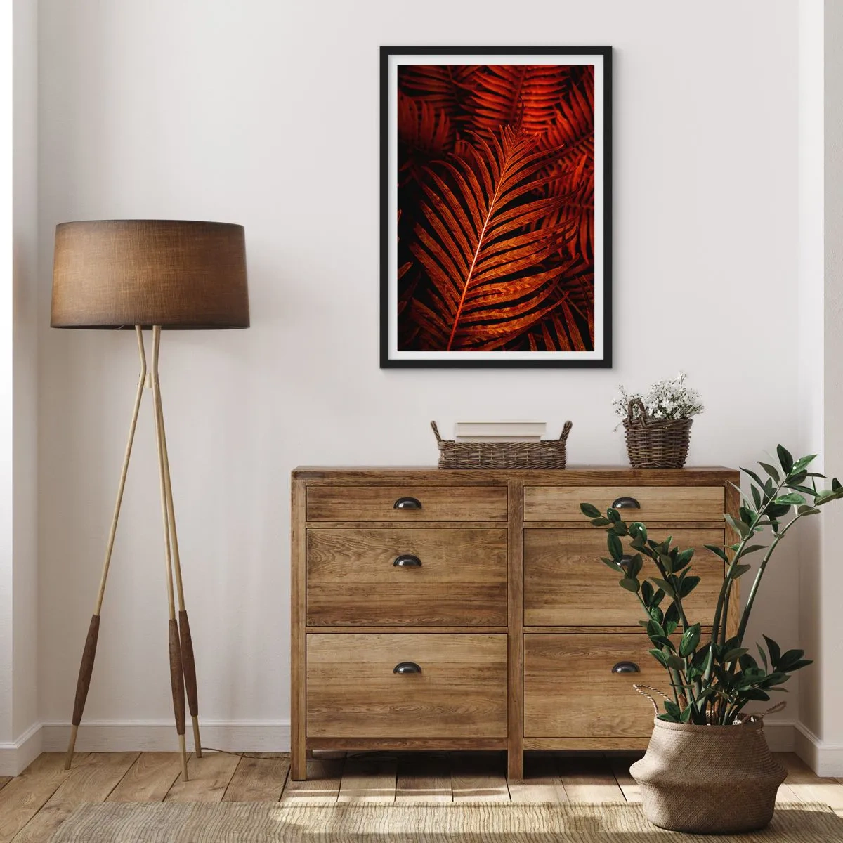 Poster în ramă neagră - Frunze de palmier roșii în iluminare artistică - 50x70cm - Ardoarea vieții - Decorațiune modernă pentru perete pentru living și dormitor ARTTOR