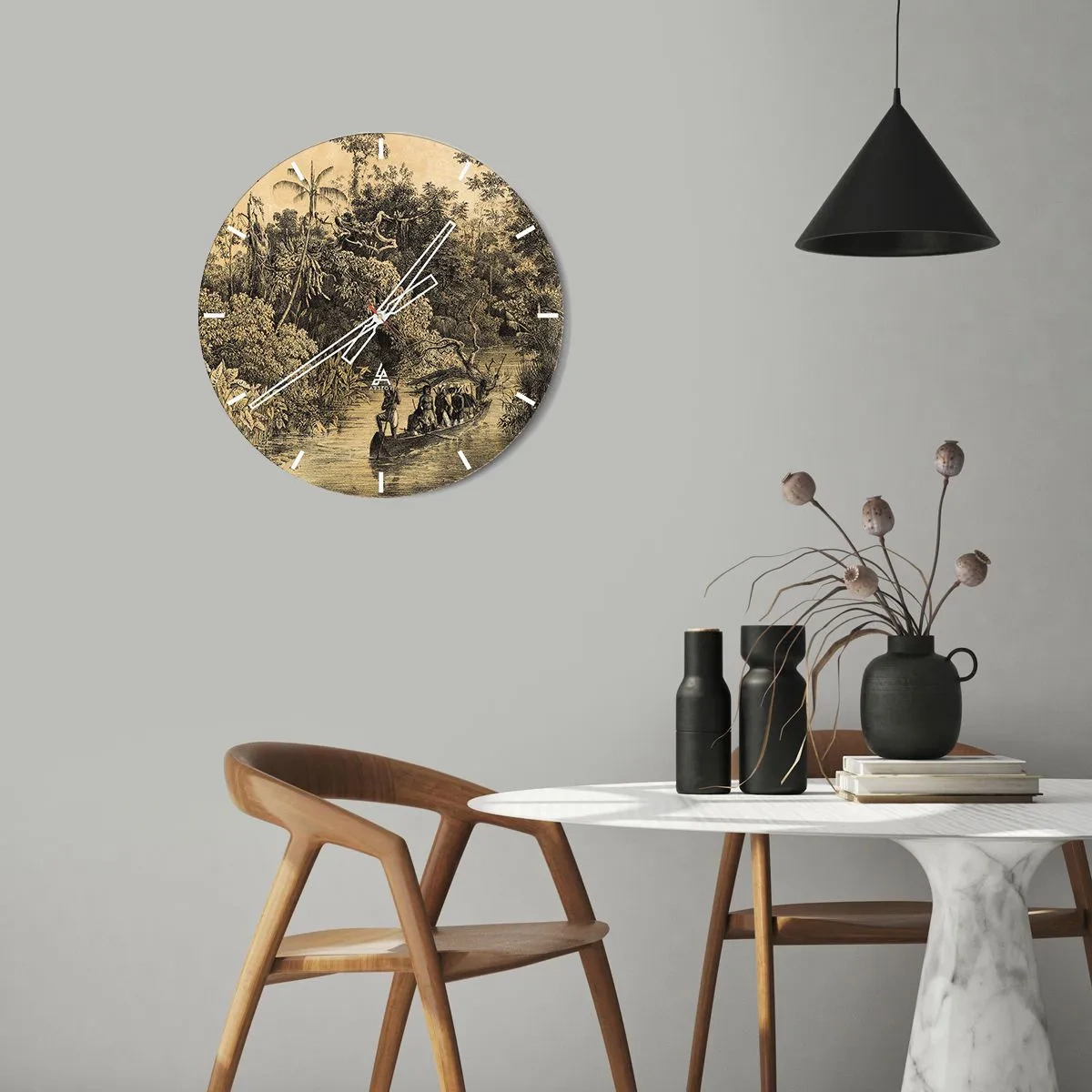 Ceas de perete - Ceas pe sticlă - Ilustrație retro a unei expediții în junglă tropicală - 30x30cm - Călătorie la sursă - Decorațiune modernă pentru perete pentru living, bucătărie și dormitor ARTTOR