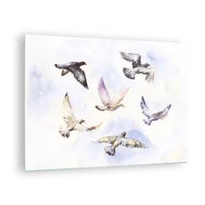 Tablou pe sticlă - Păsări în zbor pe un cer senin - 70x50cm - Libertatea în gri și albastru - Decorațiune modernă pentru perete pentru living și dormitor ARTTOR