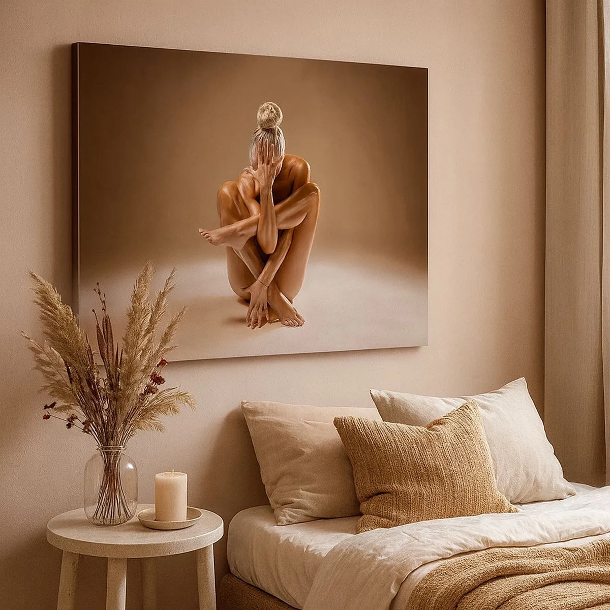 Tablou pe pânză Canvas - Siluetă artistică a unei femei pe un fundal bej - 70x50cm - Unitatea trupului și a spiritului - Decorațiune modernă pentru perete pentru living și dormitor ARTTOR