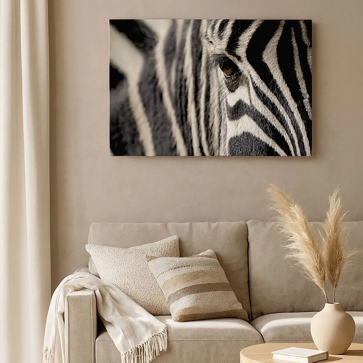 Tablou pe pânză Canvas - Prim-plan al ochiului unei zebre cu dungi albe și negre - 70x50cm - Portret cu dungi - Decorațiune modernă pentru perete pentru living și dormitor ARTTOR