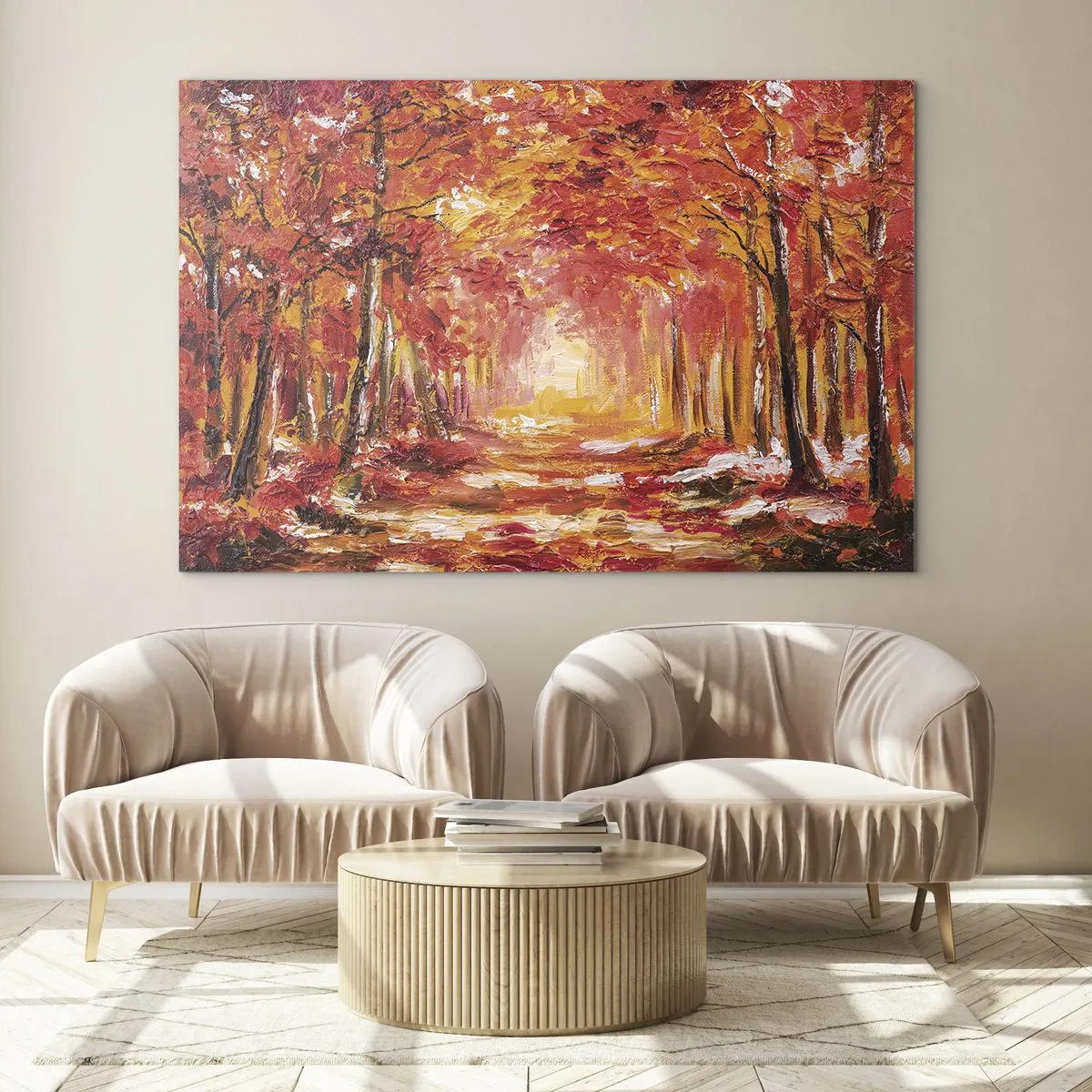 Tablou pe sticlă - Peisaj de toamnă cu copaci în culori calde - 70x50cm - Pădurea de cupru - Decorațiune modernă pentru perete pentru living și dormitor ARTTOR