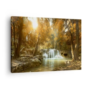 Tablou pe pânză Canvas - Peisaj de toamnă cu o cascadă - 70x50cm - Cascadă în parc - Decorațiune modernă pentru perete pentru living și dormitor ARTTOR