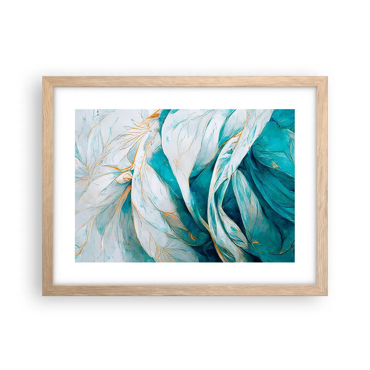 Poster în ramă de stejar deschis - Abstractul albastru cu motiv auriu - 40x30 cm