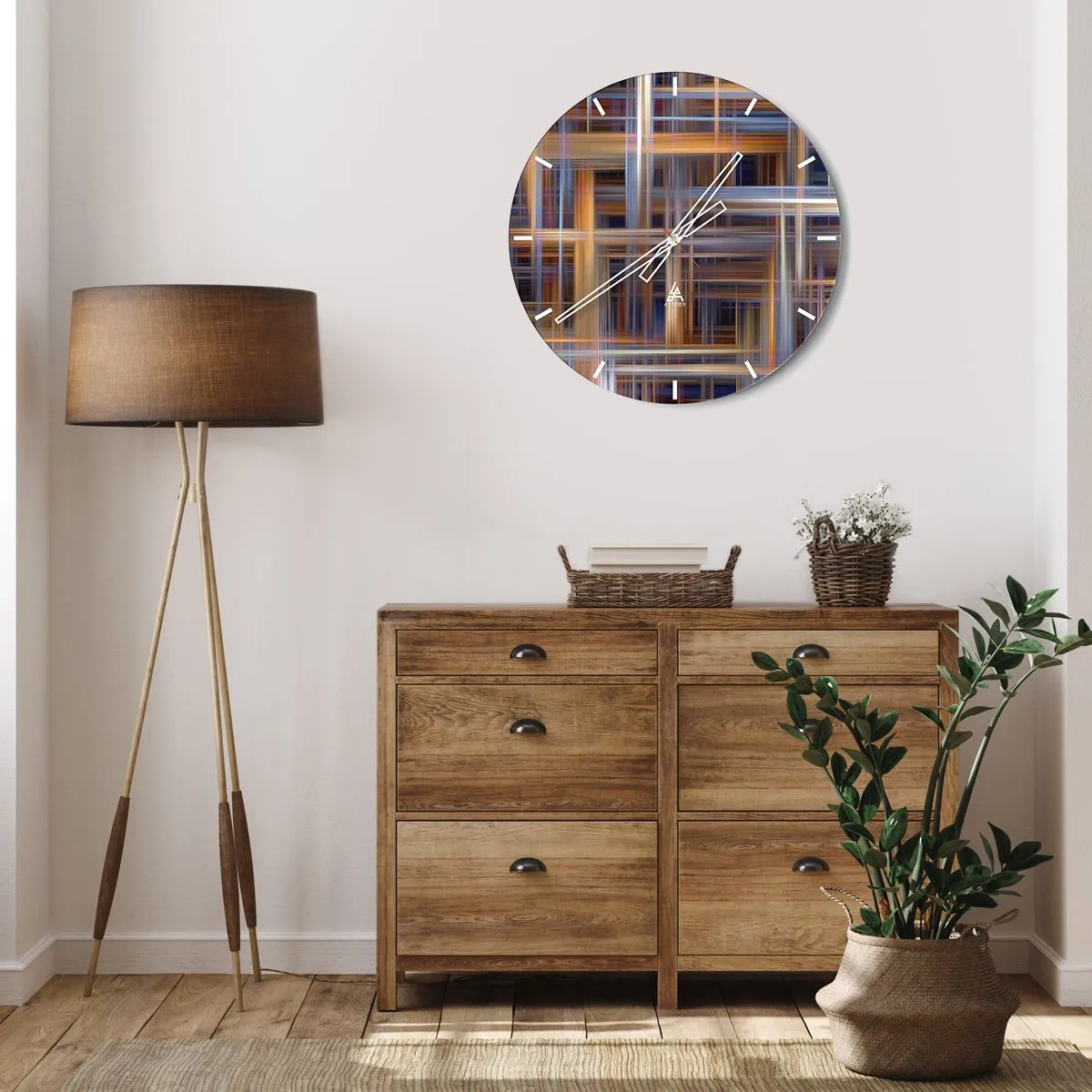 Ceas de perete - Ceas pe sticlă - Model în carouri în nuanțe de maro și albastru - 30x30cm - Țesut din lumină - Decorațiune modernă pentru perete pentru living, bucătărie și dormitor ARTTOR