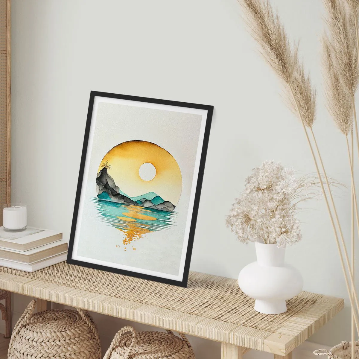 Poster în ramă neagră - Un peisaj minimalist de munți peste apă în culori aurii - 50x70cm - În cercul de frumusețe - Decorațiune modernă pentru perete pentru living și dormitor ARTTOR