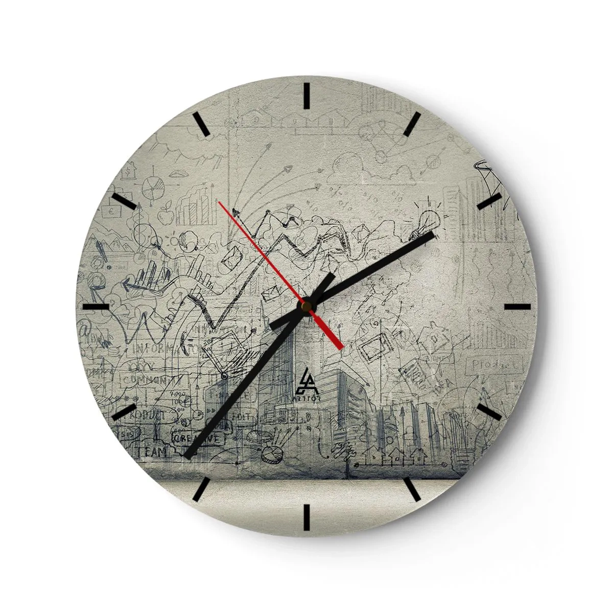Ceas de perete - Ceas pe sticlă - Schiță conceptuală cu teme de afaceri pe un fundal deschis - 30x30cm - Minunata mea viață de oraș - Decorațiune modernă pentru perete pentru living, bucătărie și dormitor ARTTOR