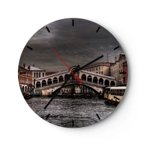 Ceas de perete - Ceas pe sticlă - Podul Rialto din Veneția sub un cer înnorat - 30x30cm - Promisiunea unei seri venețiene - Decorațiune modernă pentru perete pentru living, bucătărie și dormitor ARTTOR