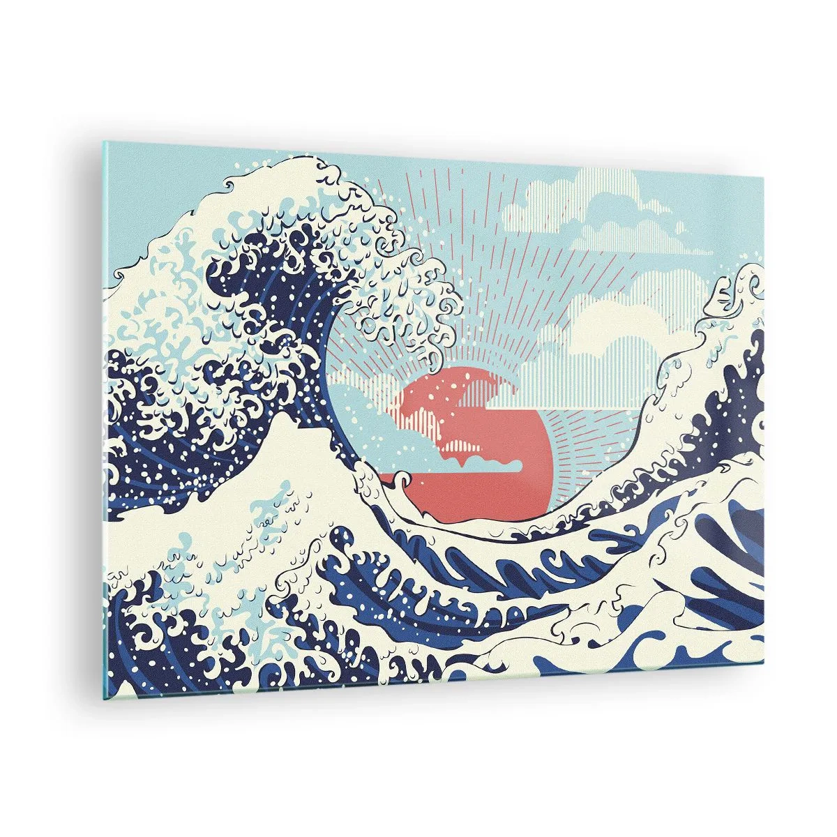 Tablou pe sticlă - Un val stilizat inspirat de arta japoneză - 70x50cm - Din inspirații japoneze - Decorațiune modernă pentru perete pentru living și dormitor ARTTOR