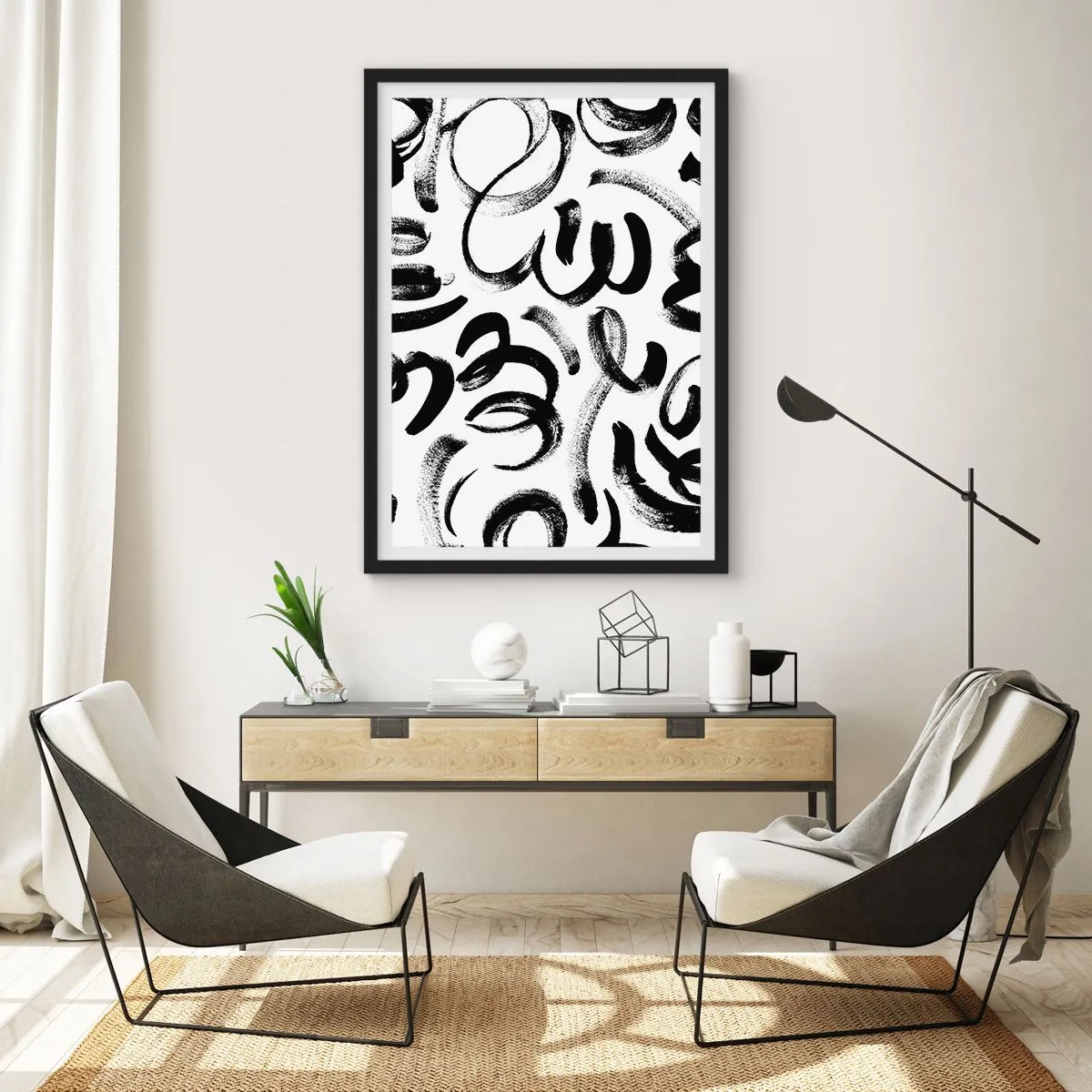 Poster în ramă neagră - Tușe de pensulă negre abstracte pe fundal alb - 50x70cm - Negru pe alb - Decorațiune modernă pentru perete pentru living și dormitor ARTTOR