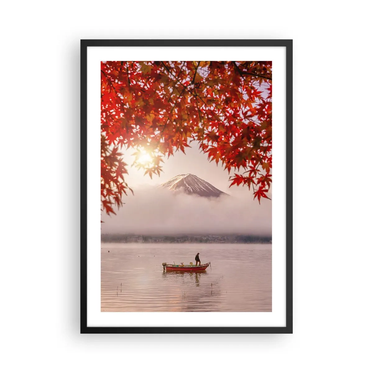 Poster în ramă neagră - Muntele Fuji cu o barcă pe un lac și frunze de toamnă - 50x70cm - În stil japonez - Decorațiune modernă pentru perete pentru living și dormitor ARTTOR