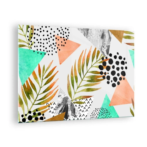 Tablou pe sticlă - Forme geometrice și frunze în culori pastelate - 70x50cm - Decorațiuni cu frunze de palmier - Decorațiune modernă pentru perete pentru living și dormitor ARTTOR