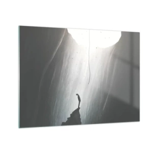 Tablou pe sticlă - Un bărbat stând în întuneric la baza unei ieșiri luminoase peste un abis - 70x50cm - Există întotdeauna o cale de ieșire - Decorațiune modernă pentru perete pentru living și dormitor ARTTOR