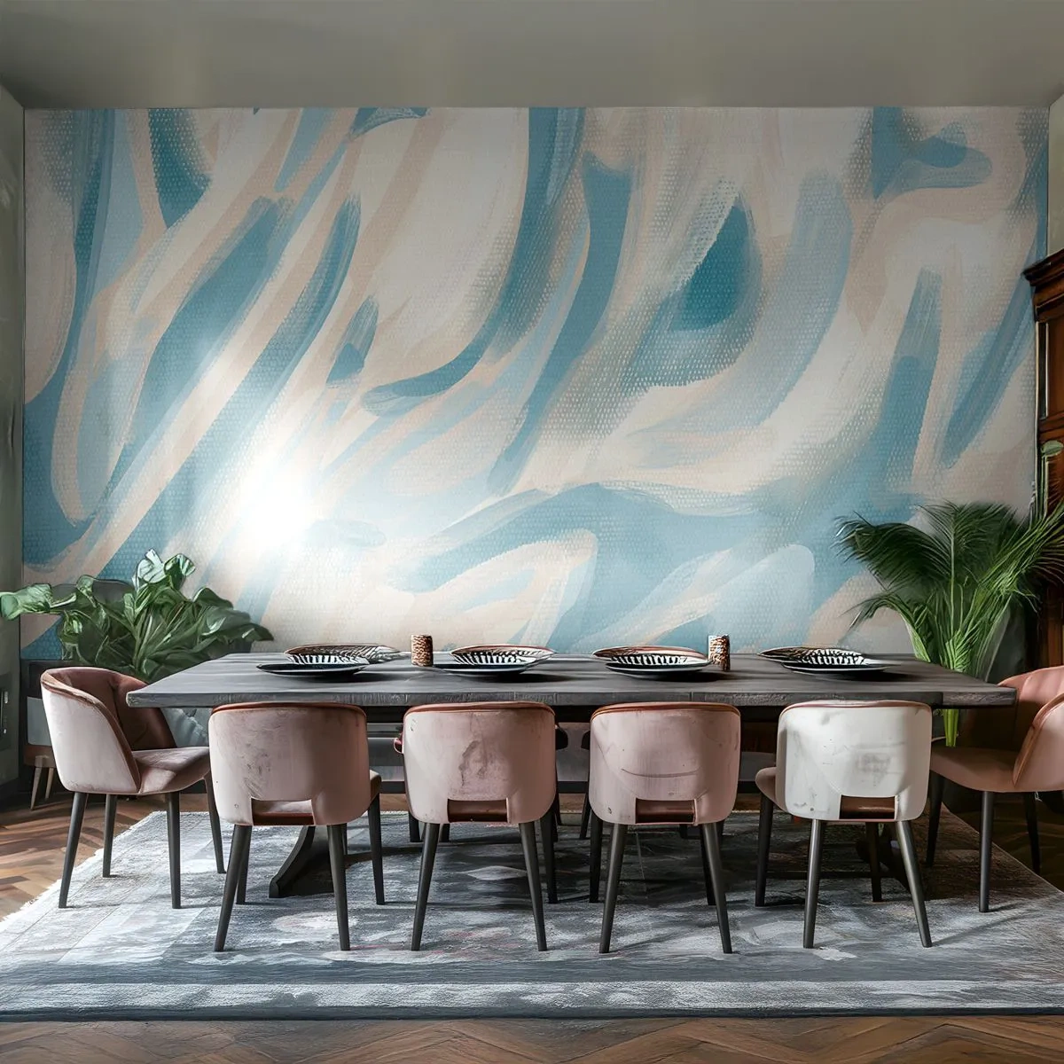 Tapet Standard Eco - Tușe abstracte de pensulă albastru deschis și crem - 100x70cm - Brize de primăvară - Decorațiune modernă pentru perete pentru living și dormitor ARTTOR