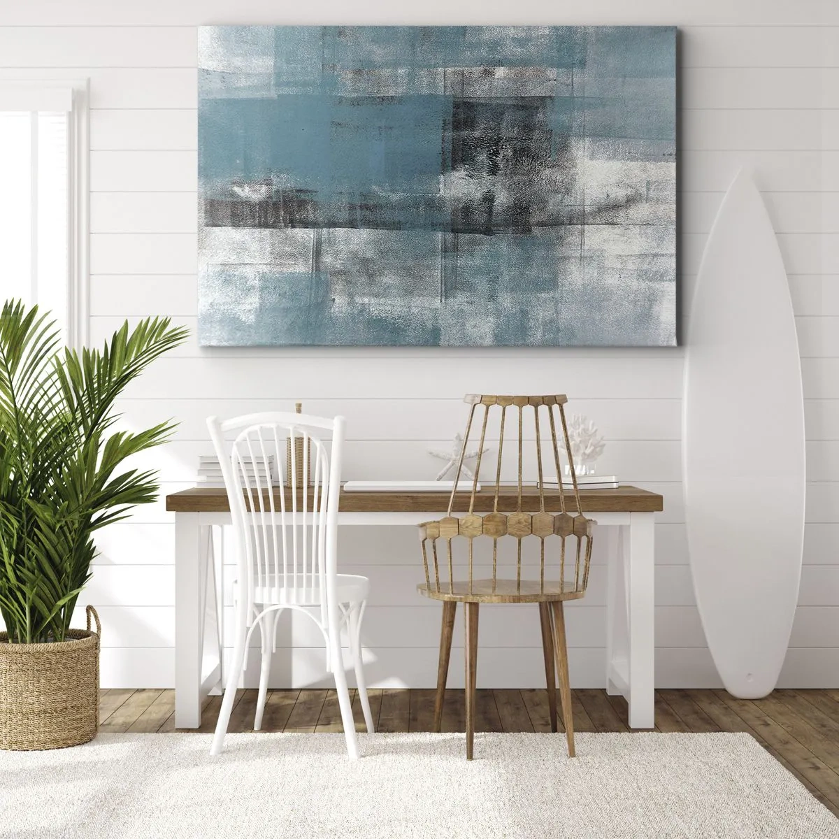 Tablou pe pânză Canvas - O compoziție abstractă în nuanțe de albastru, cu textură și straturi. - 70x50cm - Apă și aer - Decorațiune modernă pentru perete pentru living și dormitor ARTTOR