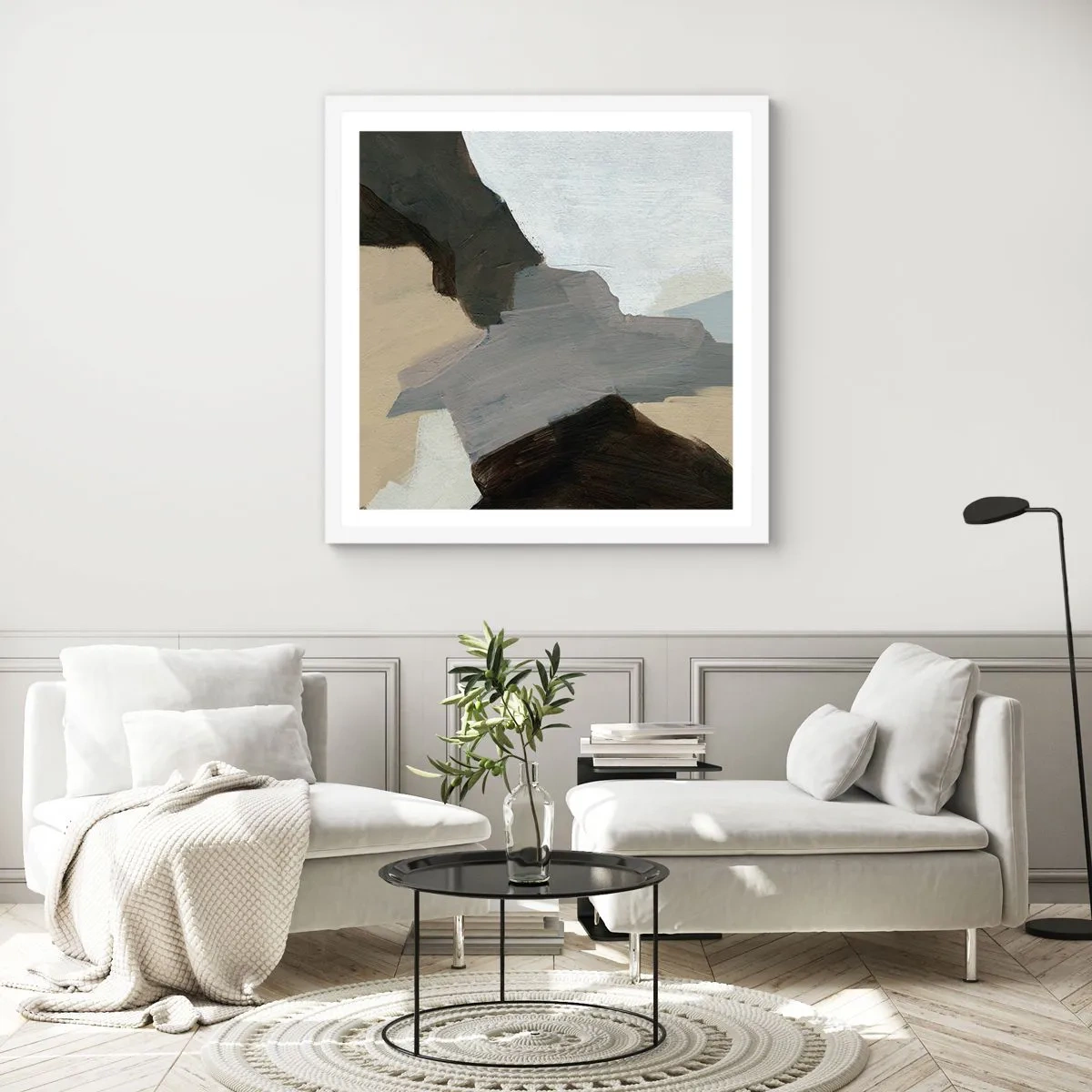 Poster în ramă albă - Abstracție: despărțirile griului - 40x40 cm