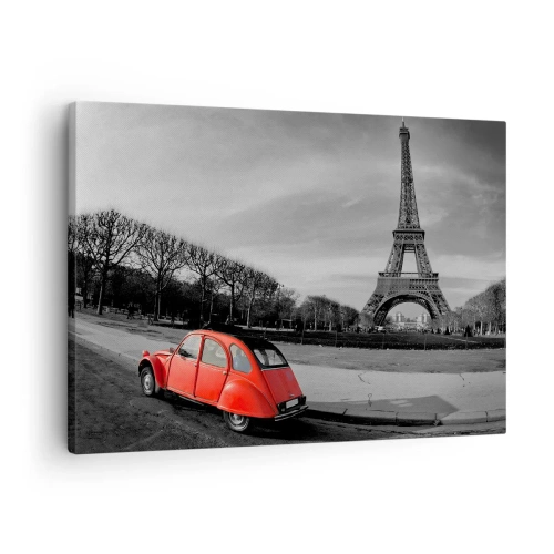 Tablou pe pânză Canvas - mașină roșie cu Turnul Eiffel în fundal într-un peisaj alb-negru - 70x50cm - Mai pariziană decât Parisul însuși - Decorațiune modernă pentru perete pentru living și dormitor ARTTOR