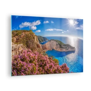 Tablou pe sticlă - Peisaj grecesc cu stânci, mare și arbuști înfloriți - 70x50cm - Marea mea vacanță grecească - Decorațiune modernă pentru perete pentru living și dormitor ARTTOR