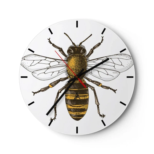 Ceas de perete - Ceas pe sticlă - Ilustrație a unei albine cu aripile întinse pe un fundal alb - 30x30cm - Frumoasă și bună - Decorațiune modernă pentru perete pentru living, bucătărie și dormitor ARTTOR
