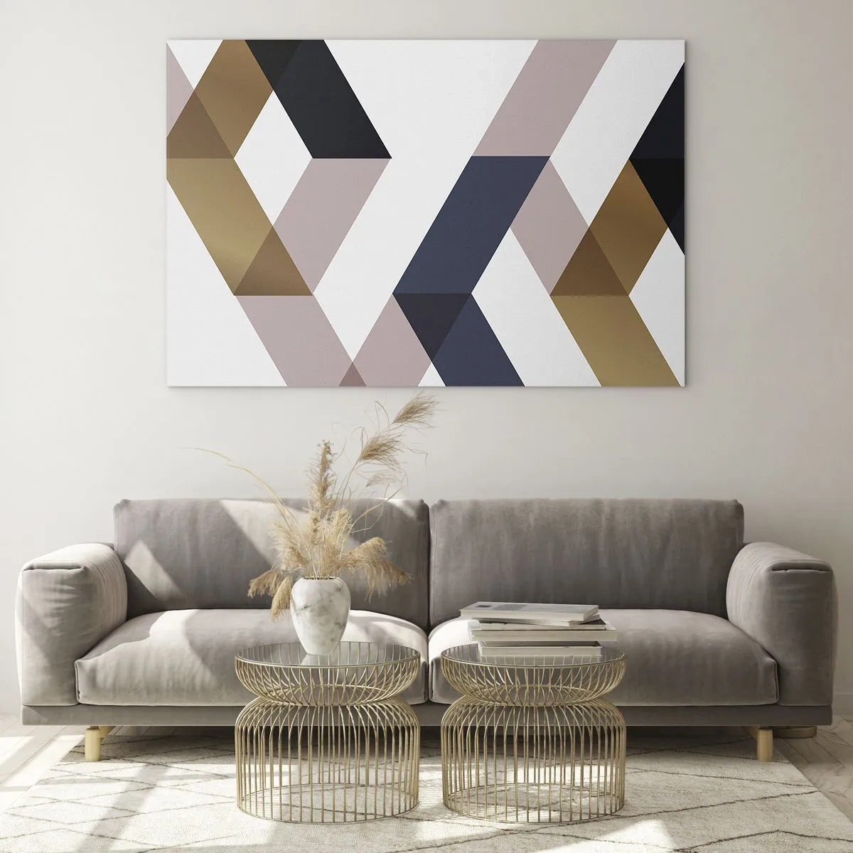 Tablou pe sticlă - Model geometric în nuanțe de auriu și bej - 70x50cm - Planuri și unghiuri - Decorațiune modernă pentru perete pentru living și dormitor ARTTOR