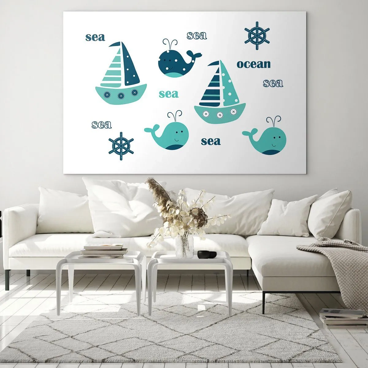 Tablou pe sticlă - Temă nautică cu pânze și balene - 70x50cm - Peste mări și oceane - Decorațiune modernă pentru perete pentru living și dormitor ARTTOR