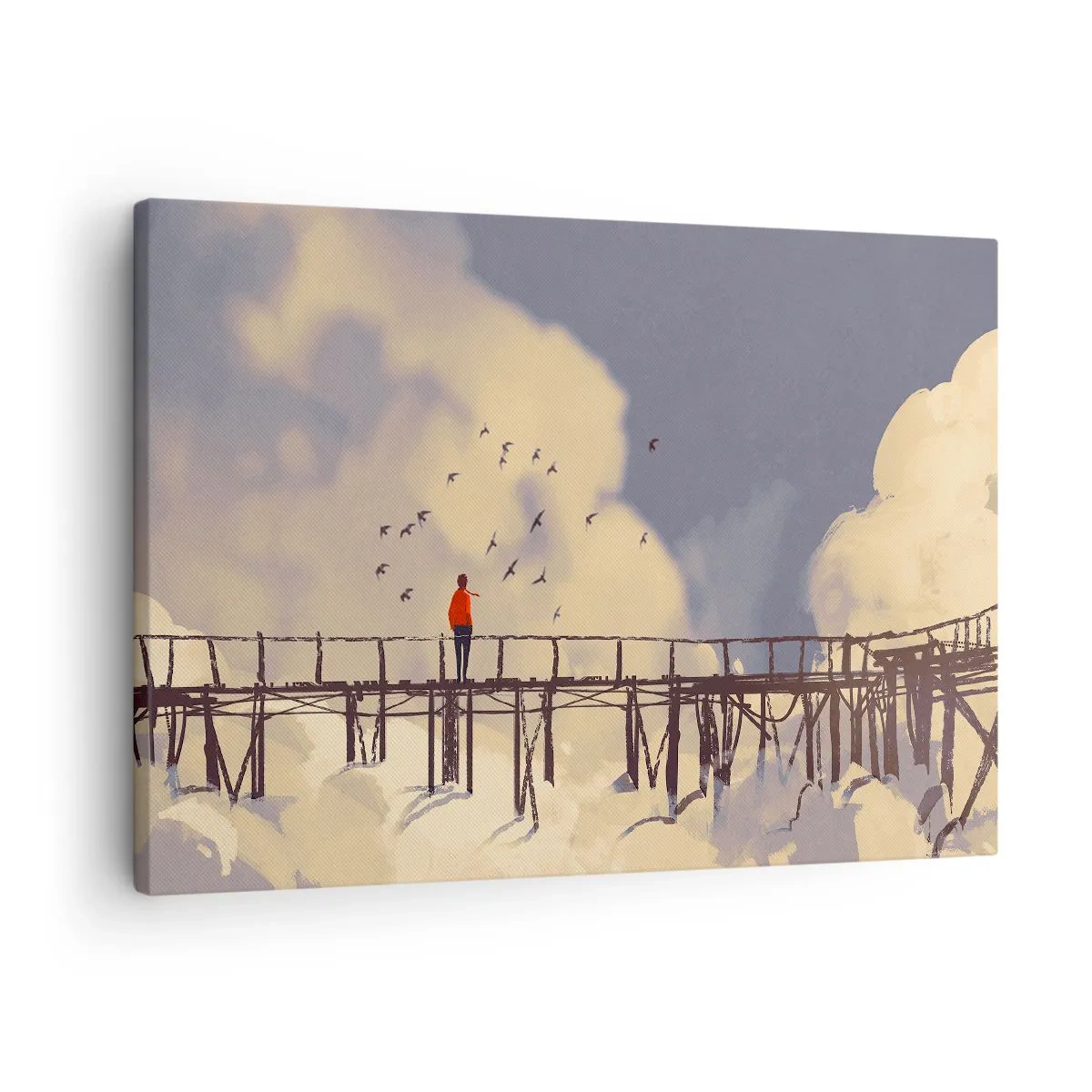 Tablou pe pânză Canvas - O figură pe un pod printre nori cu păsări pe cer - 70x50cm - Dorință albastră - Decorațiune modernă pentru perete pentru living și dormitor ARTTOR