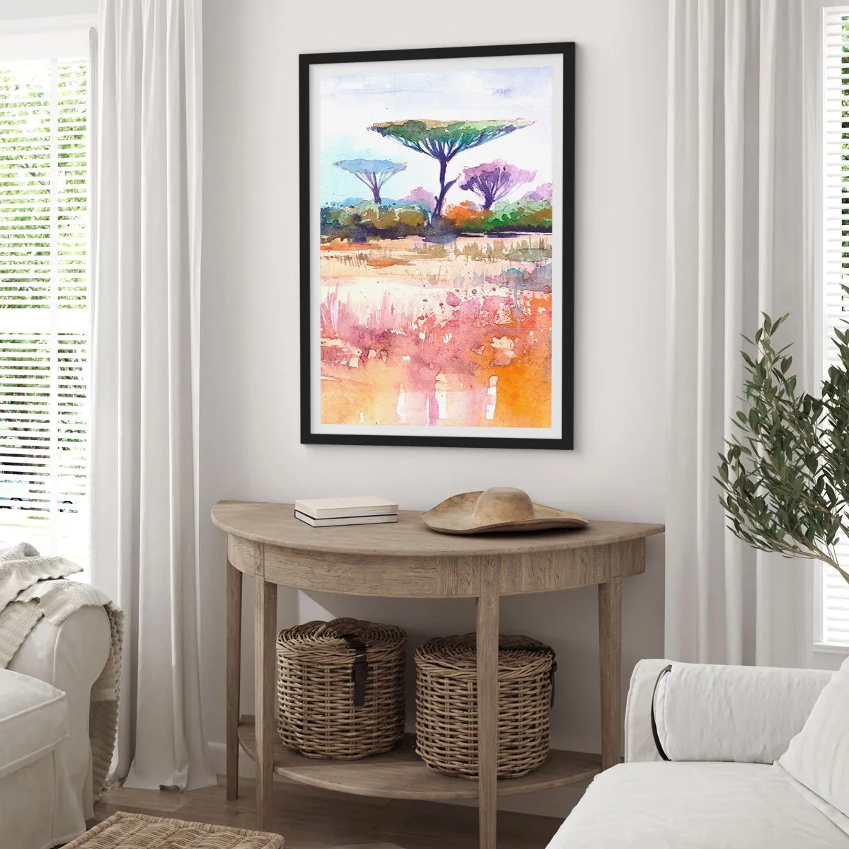 Poster în ramă neagră - O pictură în acuarelă reprezentând un peisaj de savană cu salcâmi. - 50x70cm - Culorile savanei - Decorațiune modernă pentru perete pentru living și dormitor ARTTOR